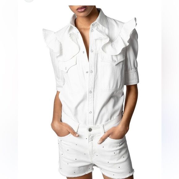 Zadig & Voltaire Toky Ruffle Denim Shirt Flawed, size XS - Picture 8 of 14